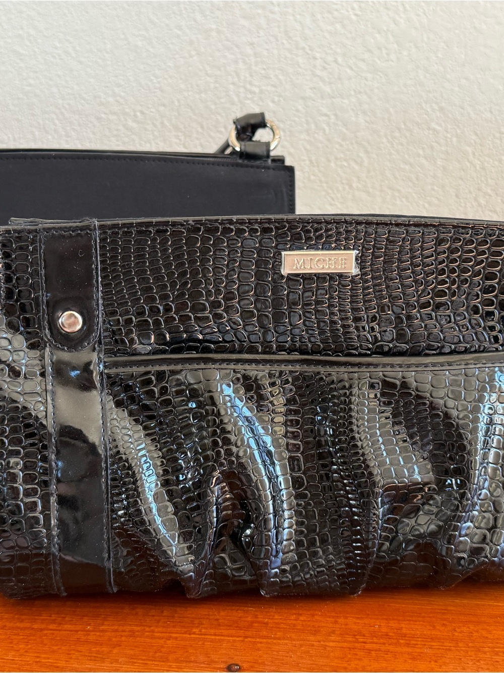 Miche “Ebony” Black Patent Faux Croc Shoulder Bag W/ Detachable Outer Shell